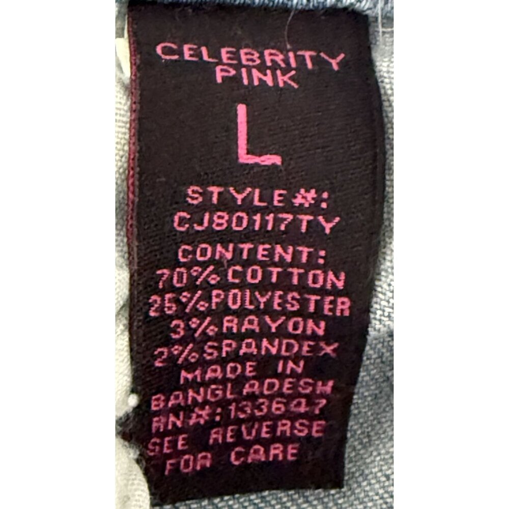 Celebrity Pink Light Wash Distressed Denim Overall Shorts Large Rolled Hem - Picture 6 of 8